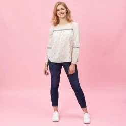 Blouse Froncée Manches Longues Broderie Femme - Beige | 3 SUISSES