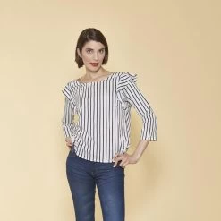 Blouse Rayée Manches 3/4 Avec Volants Femme - Rayé Blanc | 3 SUISSES