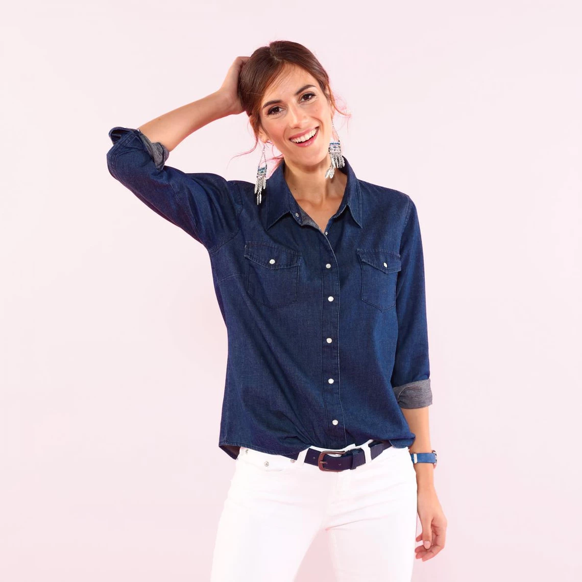 Chemise En Jean à Pressions Manches Longues Femme Bleu Foncé | 3 SUISSES 6 Chemise En Jean à Pressions Manches Longues Femme Bleu Foncé | 3 SUISSES – Image 4