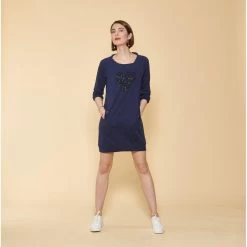 Robe Courte Cintrée Manches 3/4 Bas Côtelé Et Poches Femme - Bleu Indigo | 3 SUISSES
