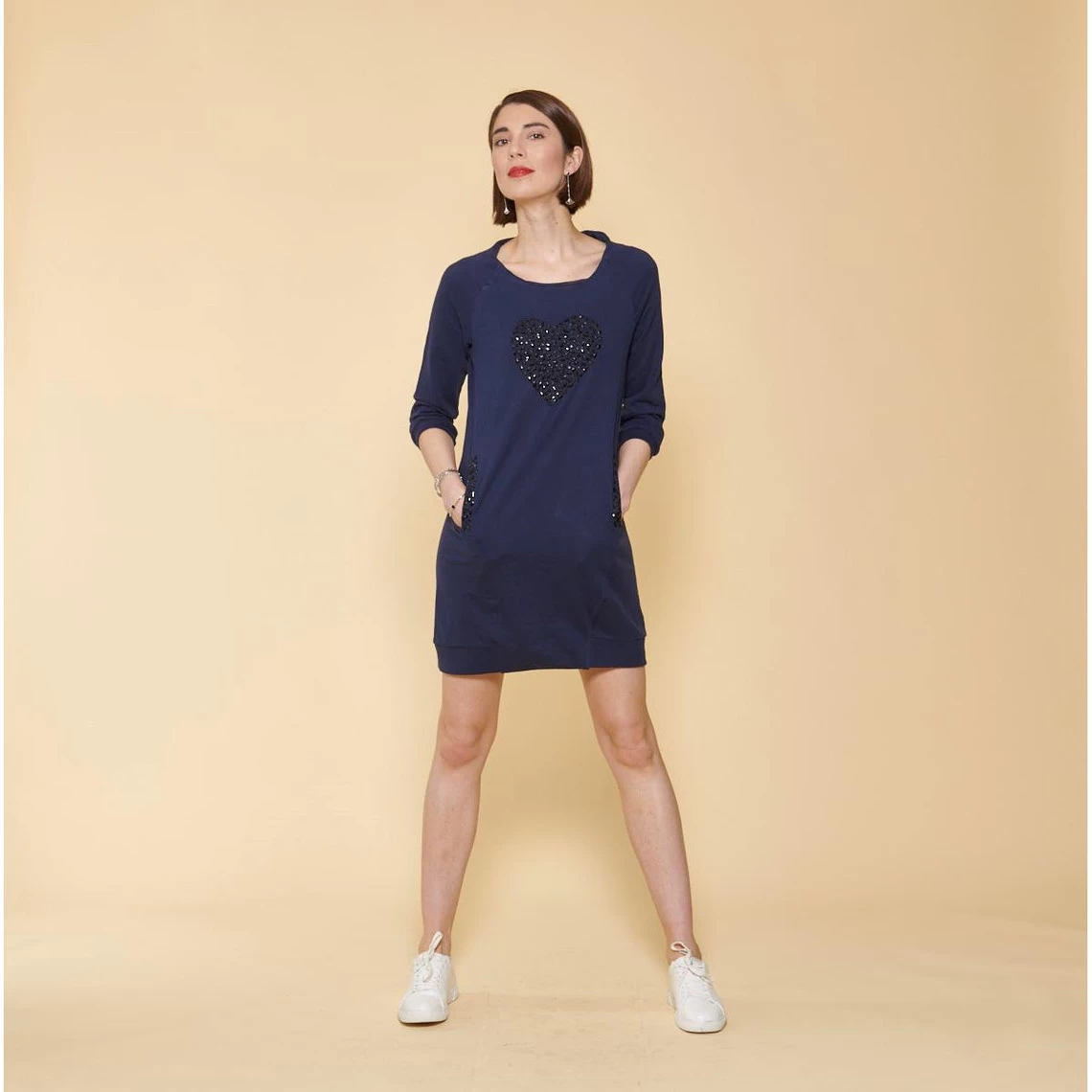 Robe Courte Cintrée Manches 3/4 Bas Côtelé Et Poches Femme - Bleu Indigo | 3 SUISSES 3 Robe Courte Cintrée Manches 3/4 Bas Côtelé Et Poches Femme - Bleu Indigo | 3 SUISSES