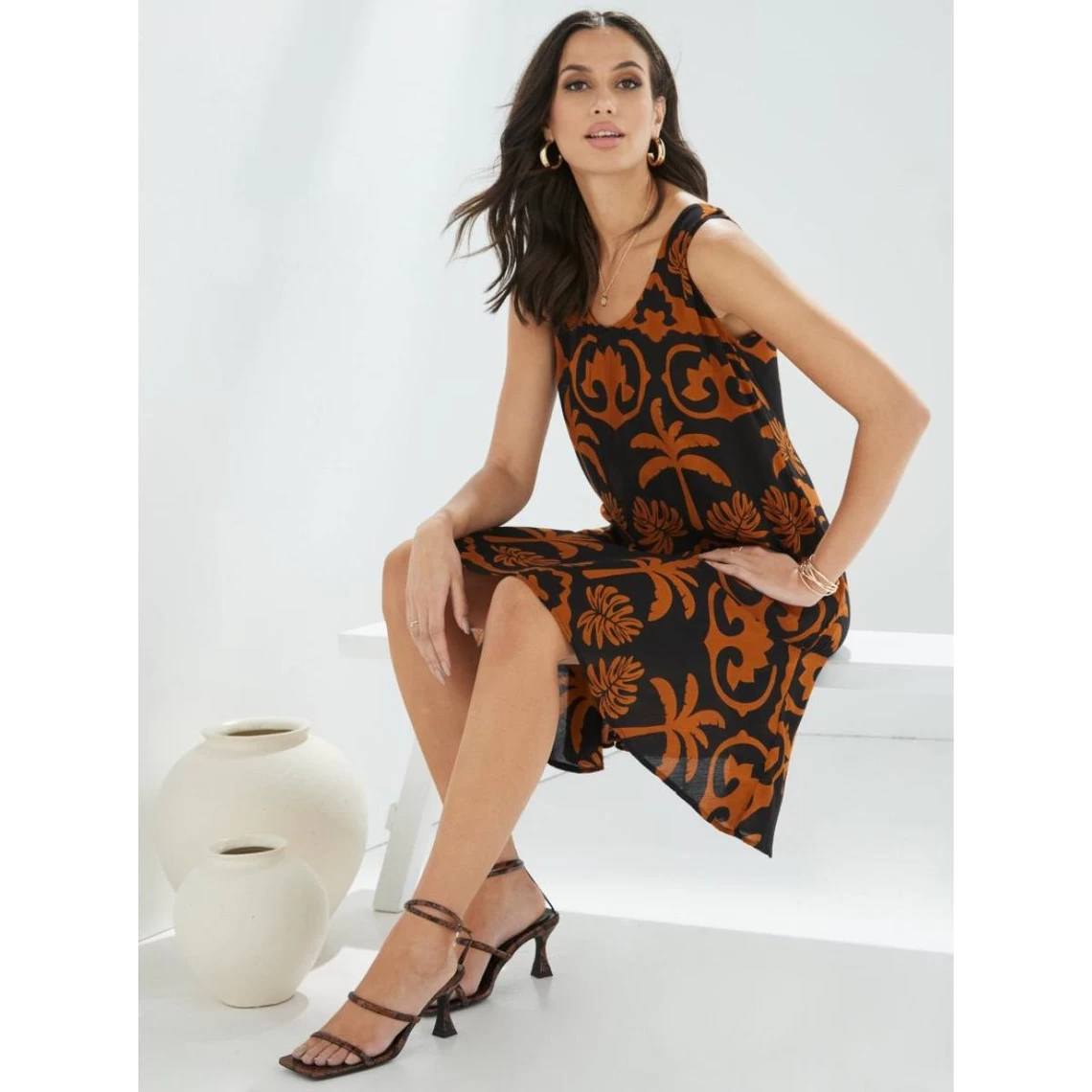 Robe Sans Manches En Crêpe Imprimé Bambou | 3 SUISSES 2 Robe Sans Manches En Crêpe Imprimé Bambou | 3 SUISSES